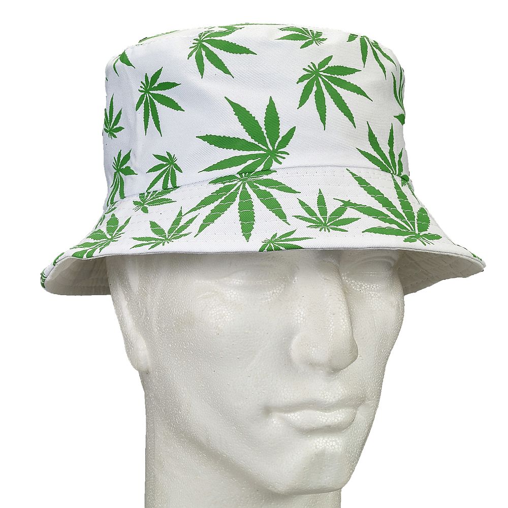 White Bucket Hat W/ Green Leaves