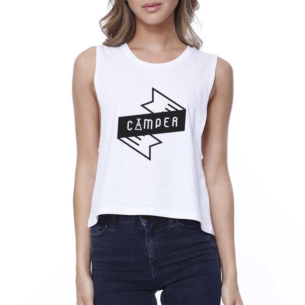 Camper Women's White Cotton Crop Tee Unique Graphic Crew Neck Tanks