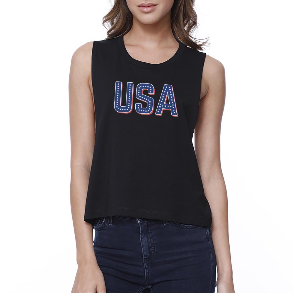 USA With Stars Womens Black Crop Top Unique USA Letter Printed Tee