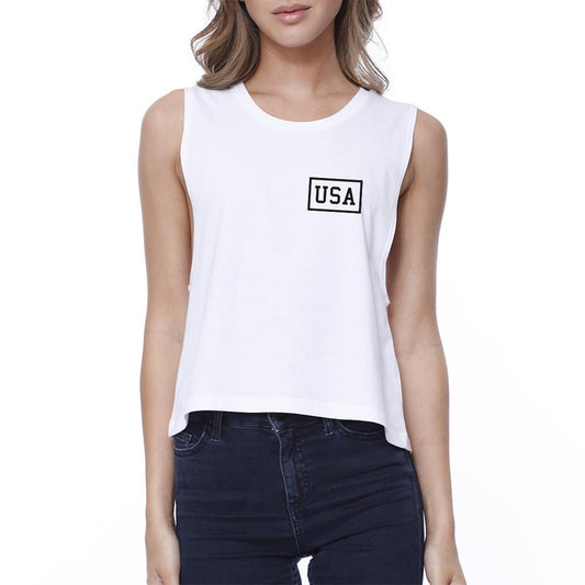 Mini USA Womens White Crop Tee Simple Design USA Printed Crop Top