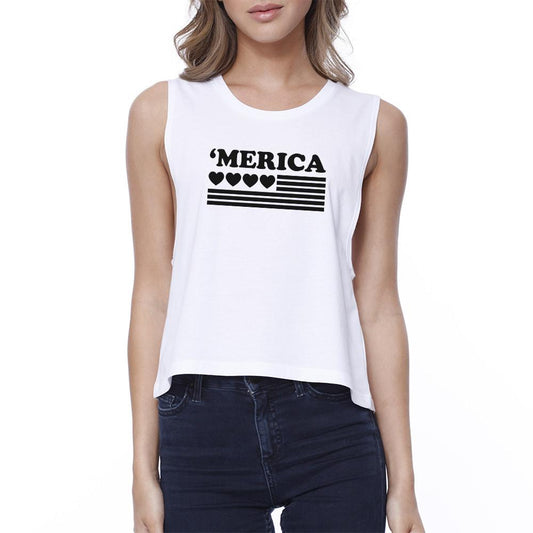 Heart 'Merica Flag Womens Sleeveless Crop Tee For Independence Day