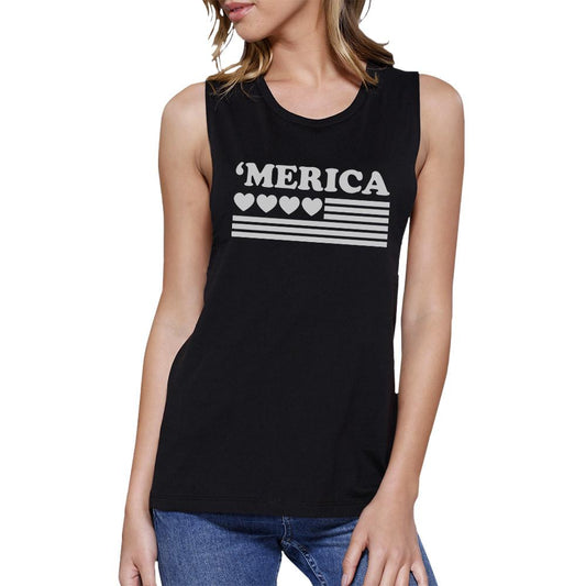 'Merica Womens Black Cotton Muscle Tee American Flag With Heart