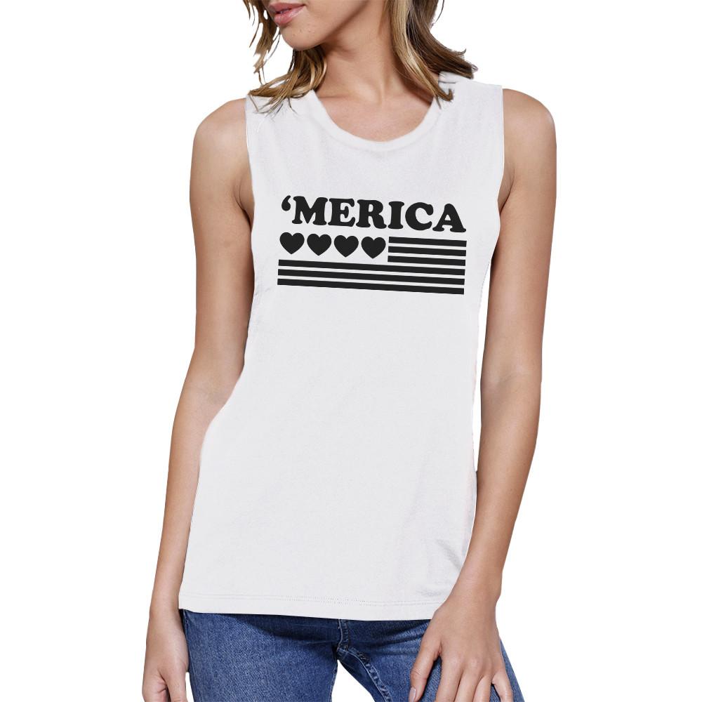 'Merica Womens White Graphic Muscle Top Gift For Independence Day