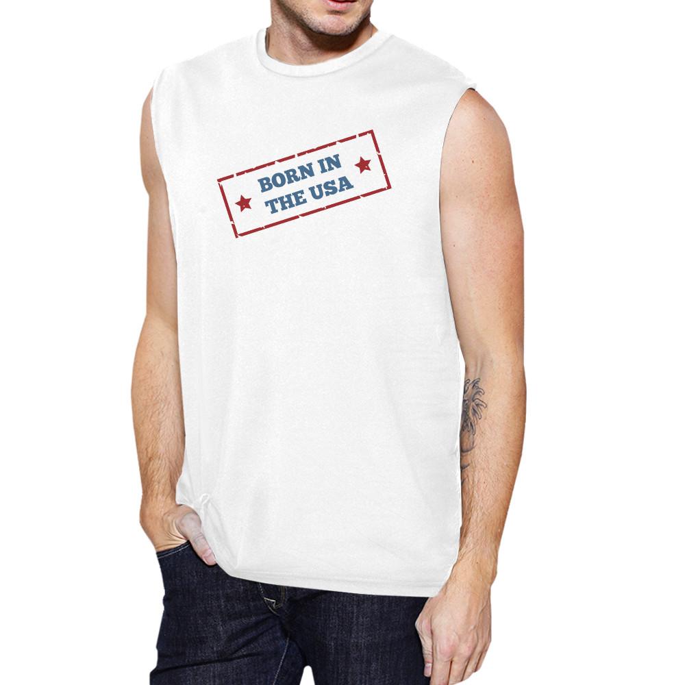 Born In The USA White Round Neck Cotton Graphic Muscle Tee For Men