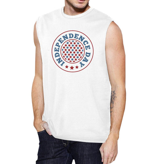 Independence Day White Crewneck Cotton Graphic Muscle Shirt For Men