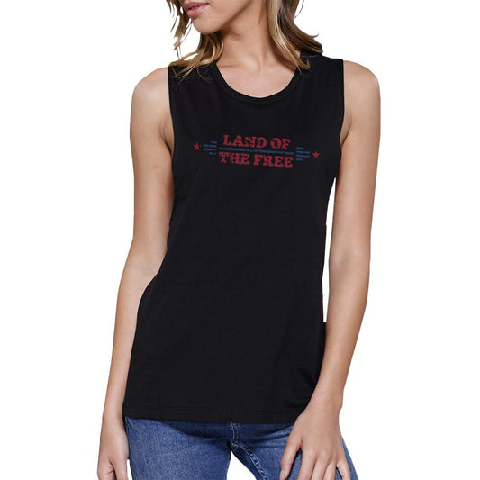 Land Of The Free Womens Black Sleeveless T-Shirt Crew Neck Cotton