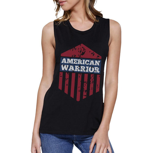 American Warrior Black Crewneck Cotton Graphic Muscle Tee For Women