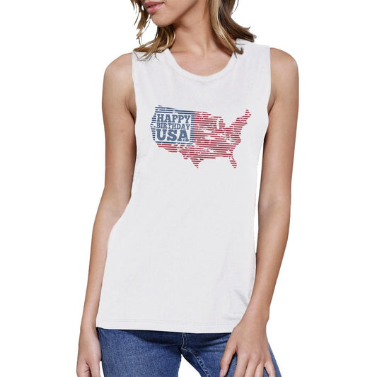 Happy Birthday USA Womens White Cap Sleeve Funny 4th Of July Tank