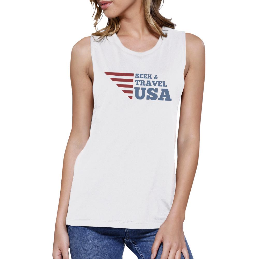 Seek & Travel USA Womens White Sleeveless Tee Round Neck Cotton