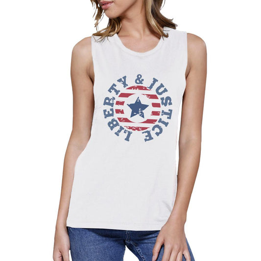 Liberty & Justice White Cotton Graphic Muscle Tanks Gifts For Women