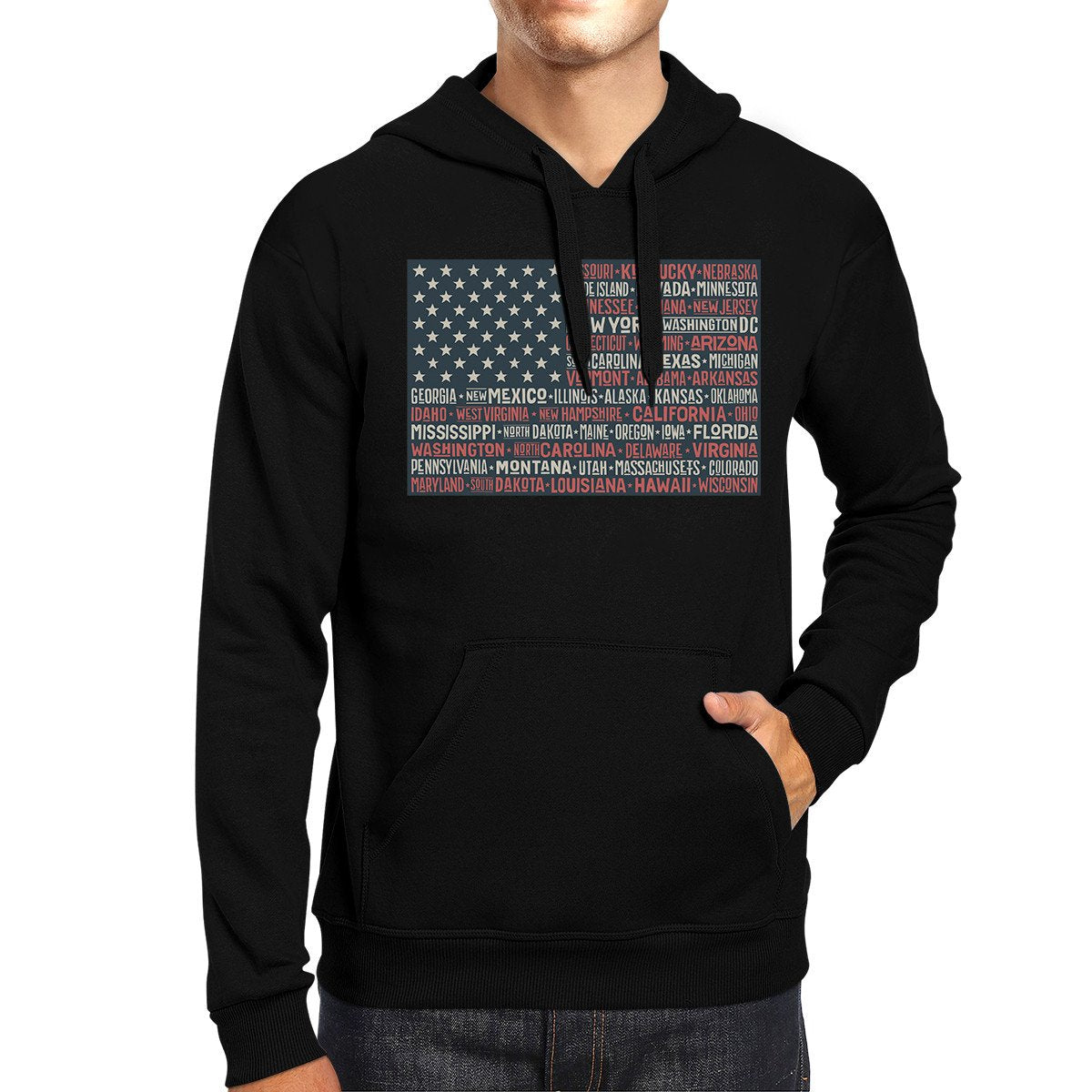 50 States Us Flag Unisex Black Hoodie Crewneck Pullover Graphic Top