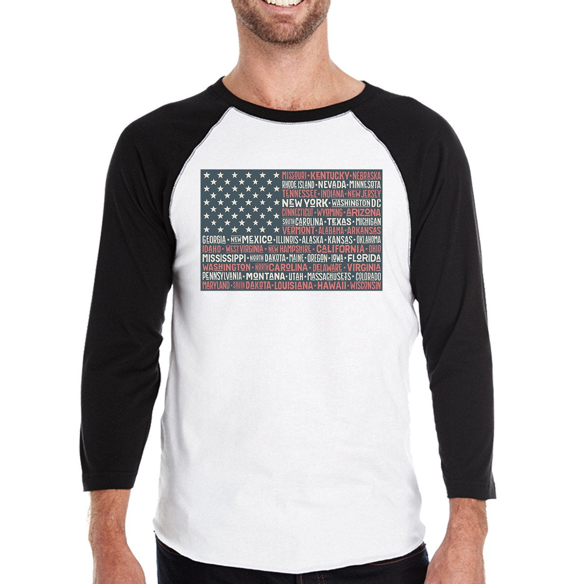 50 States Us Flag Mens Black Graphic Raglan Tee Cotton Round Neck