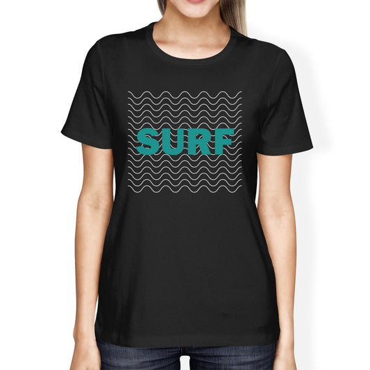 Surf Waves Womens Black Graphic Short Sleeve Tshirt Cool Summer Top