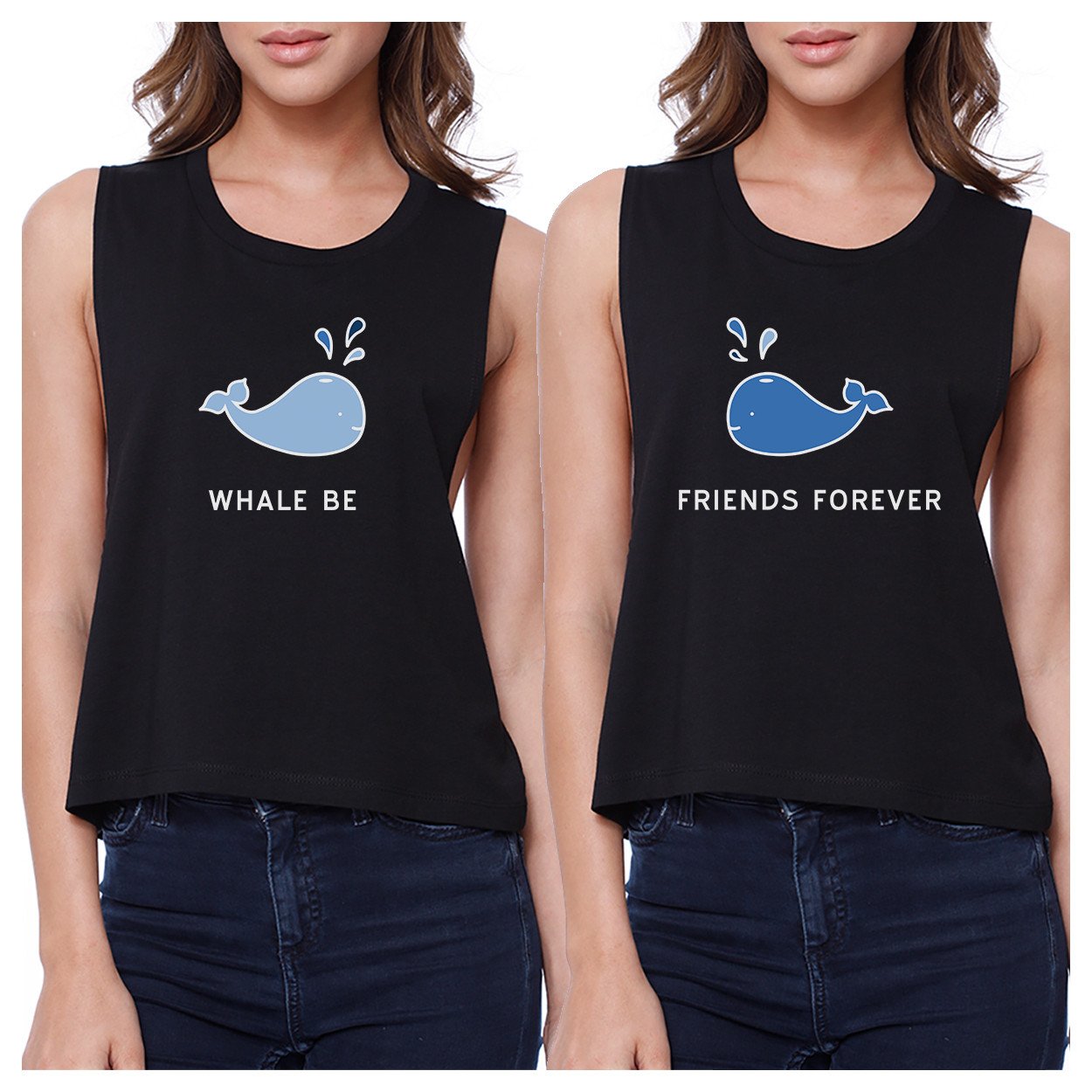 Whale Be Friend Forever BFF Matching Black Cotton Summer Crop Tops