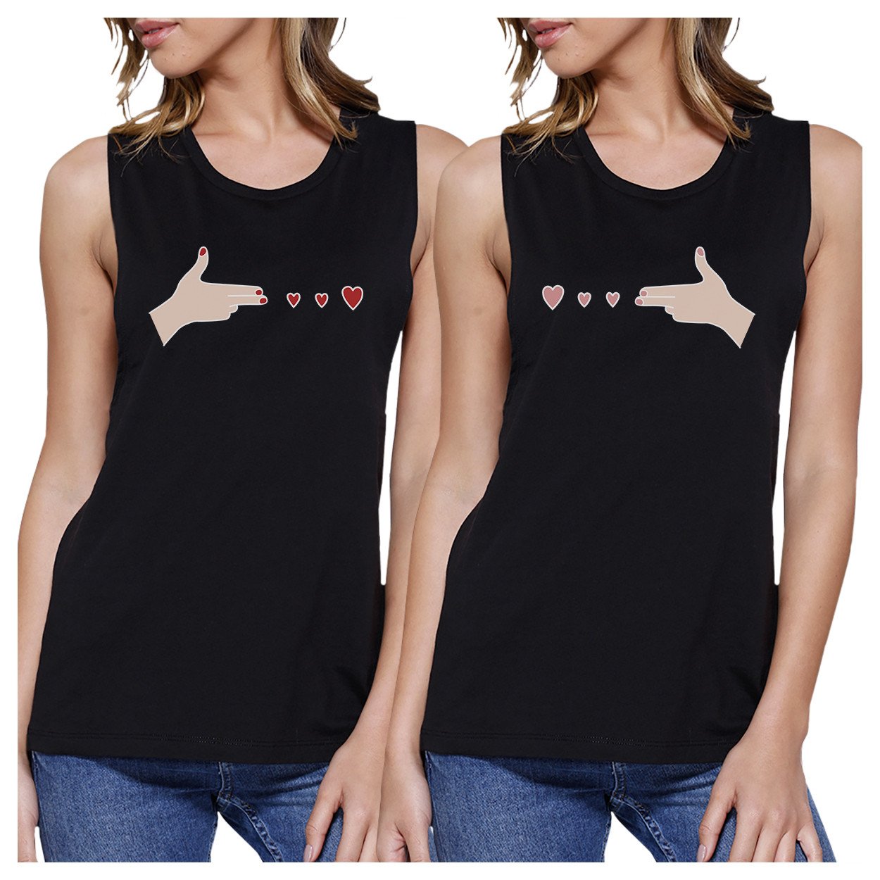 Gun Hands With Hearts BFF Matching Black Muscle Tops