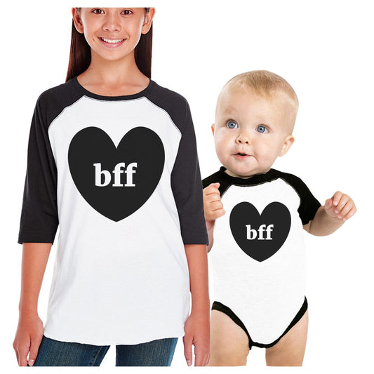 Bff Hearts Kid and Baby Matching Black And White Baseball Shirts