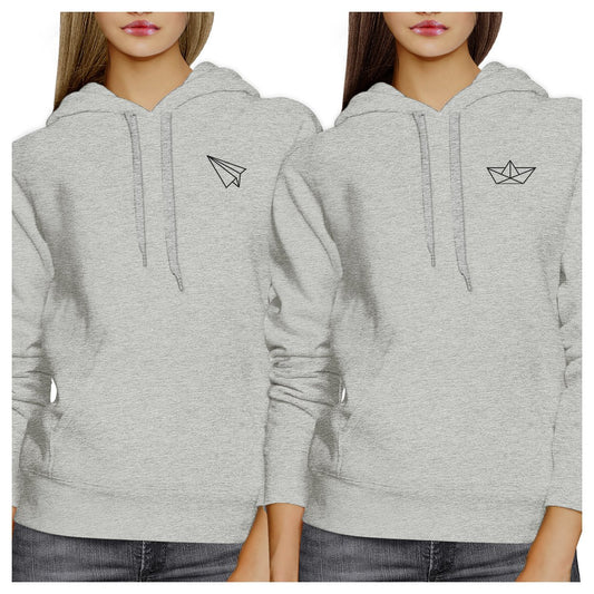 Origami Plane And Boat BFF Matching Grey Hoodies