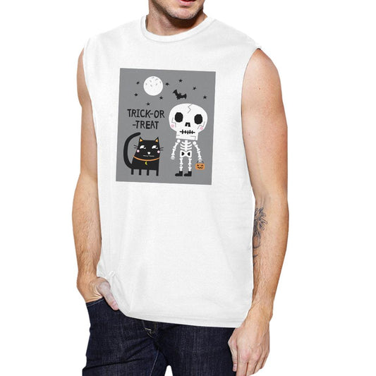 Trick-Or-Treat Skeleton Black Cat Mens White Muscle Top