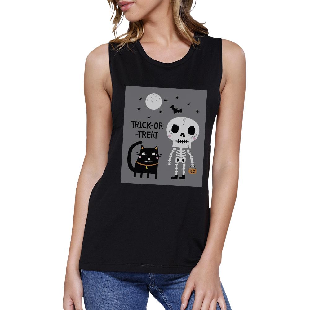 Trick-Or-Treat Skeleton Black Cat Womens Black Muscle Top