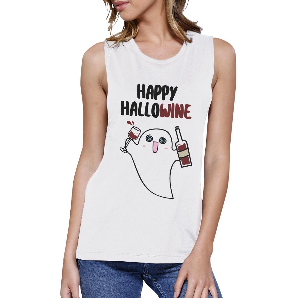 Happy Hallowine Ghost Wine Womens White Muscle Top