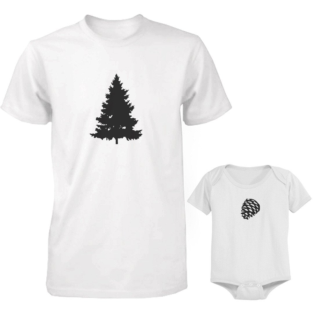 Daddy and Baby Matching White T-Shirt / Bodysuit Combo - Pine Tree and Pinecone