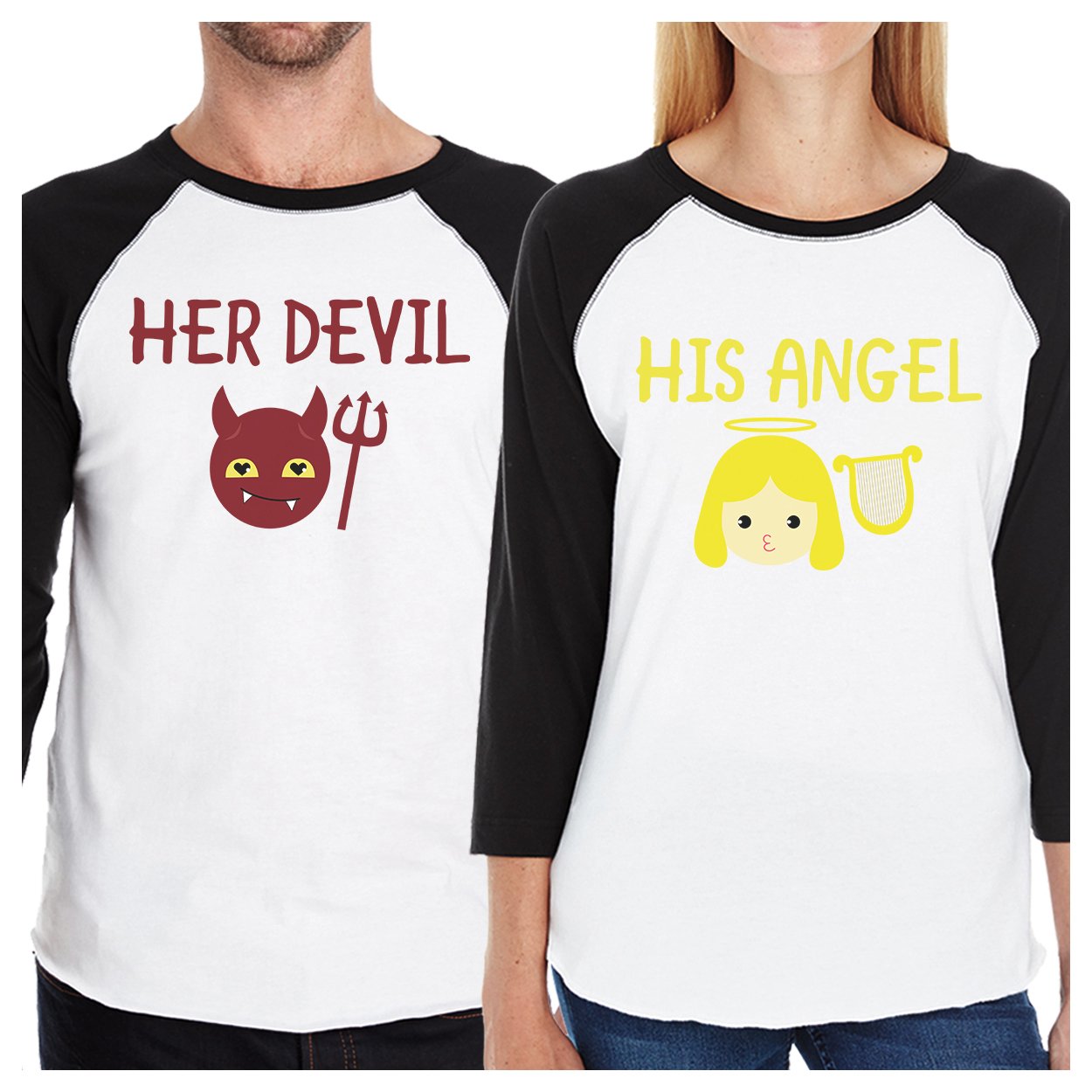 Her Devil His Angel Matching Couple Black And White Baseball Shirts