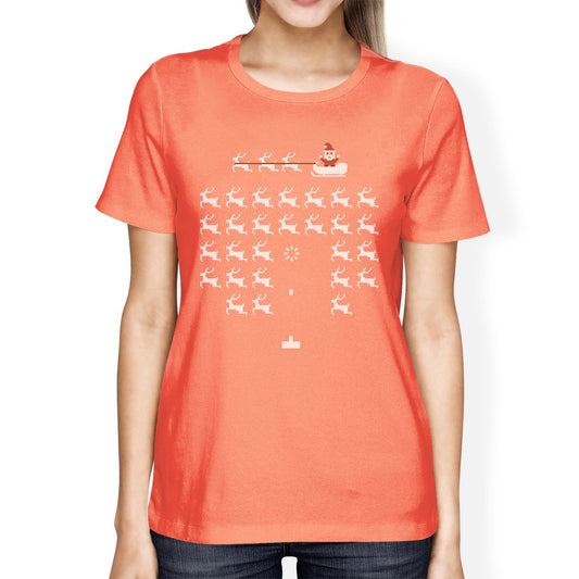 Pixel Game Santa And Rudolph Womens Peach Shirt