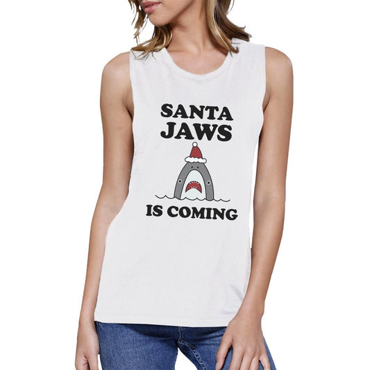 Santa Jaws Is Coming Womens White Muscle Top