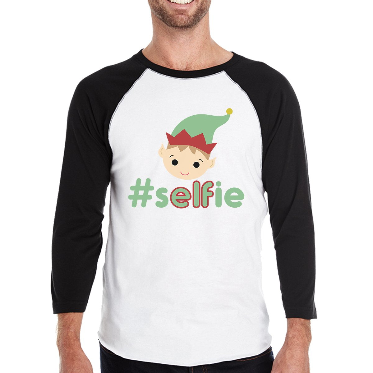 Hashtag Selfie Elf Mens Black And White Baseball Shirt