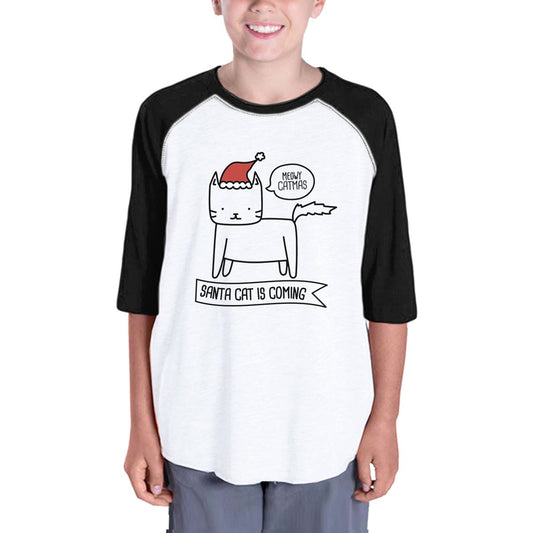 Meowy Catmas Santa Cat Is Coming Kids Black And White Baseball Shirt