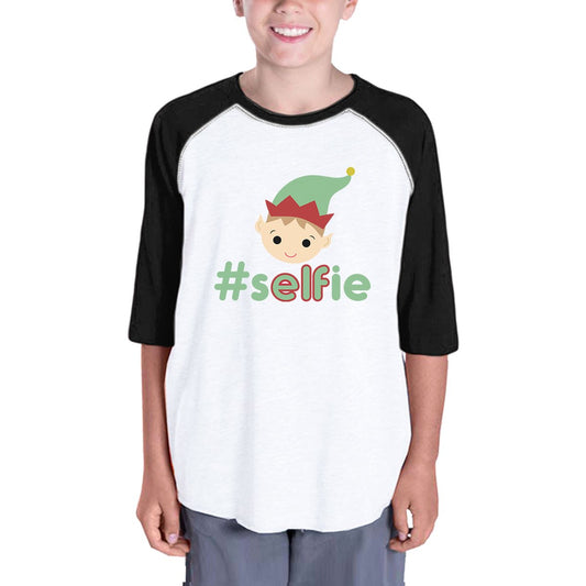 Hashtag Selfie Elf Kids Black And White Baseball Shirt