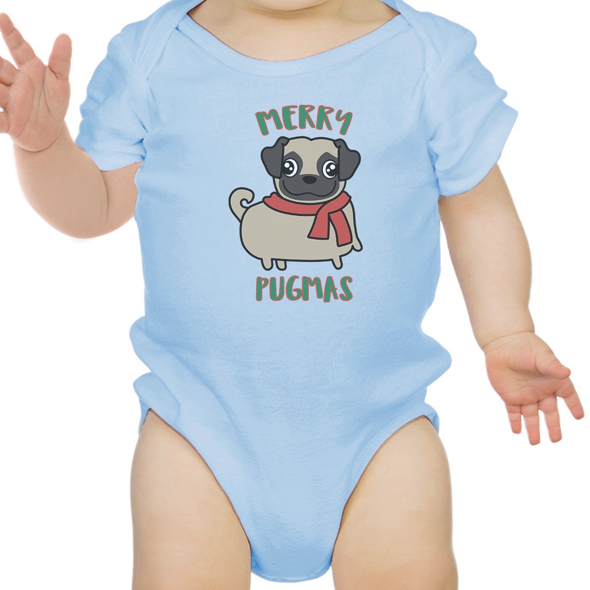 Merry Pugmas Pug Baby Sky Blue Bodysuit