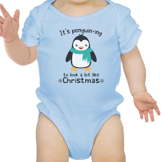 It's Penguin-Ing To Look A Lot Like Christmas Baby Sky Blue Bodysuit