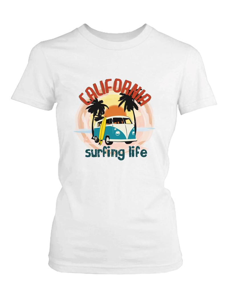 California Surfing Life Graphic Women's T-shirt Sunset Palm Tree Mini Van Tee