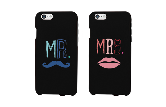 Mr. Blue Mustache & Mrs. Pink Lips Matching Couple Black Phonecases (Set)