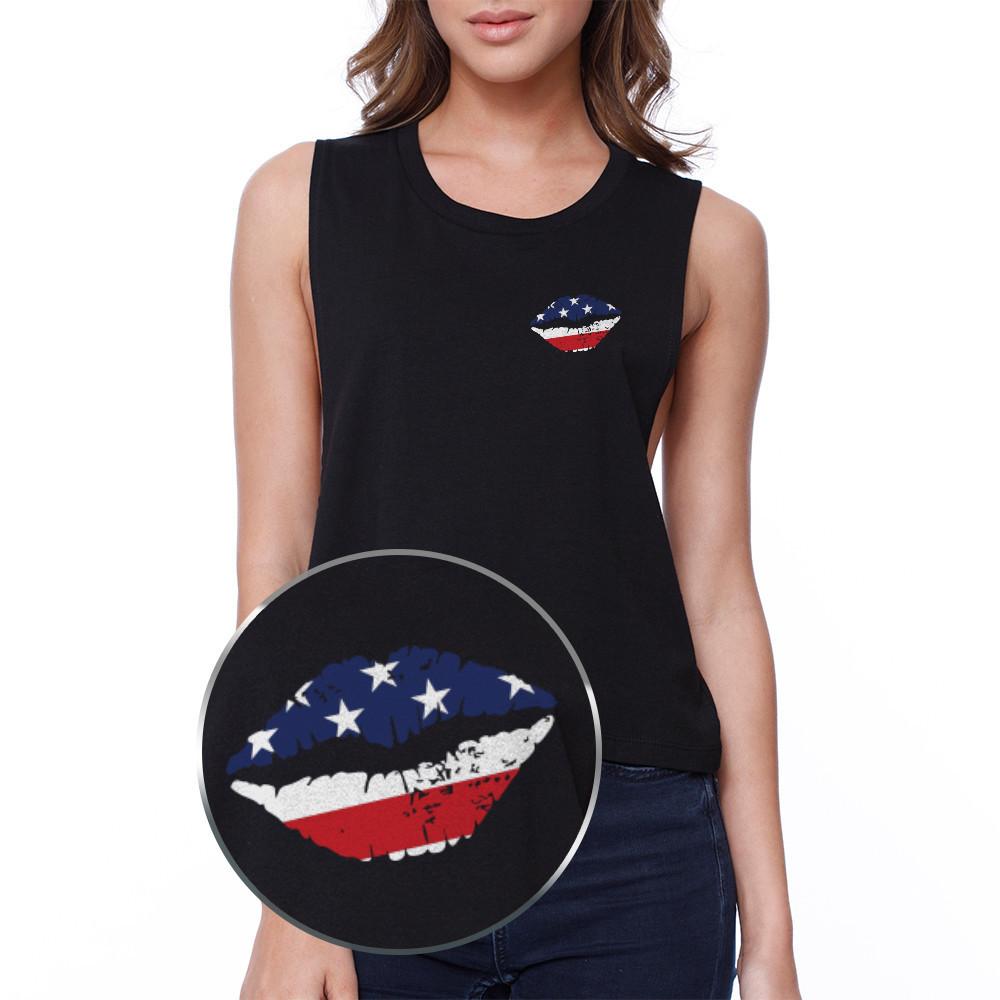 American Flag Lip Pocket Print Crop Tee 4th Of July Junior Tank Top