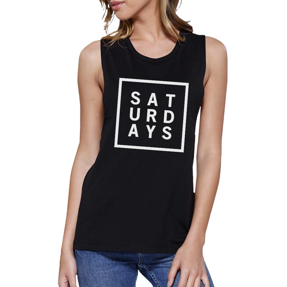 Saturdays Womens Black Muscle Top Trendy Typography Workout Shirt