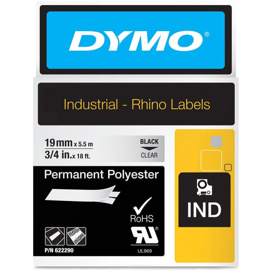 Dymo Rhino 3/4in X 18ft, Clear Permanent Poly Labels